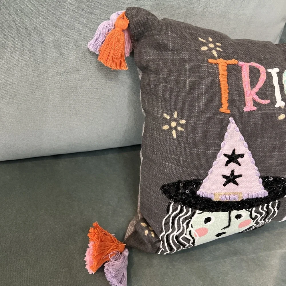 Feelin Spooky Large Halloween Pillow Trick Or Treat Witch Skeleton NWT 14